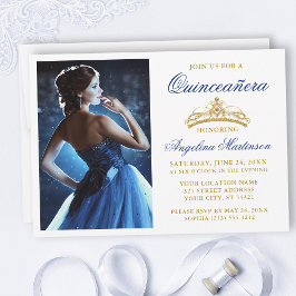 Modern Elegant Royal Blue Guld Krona Quinceanera Inbjudningar