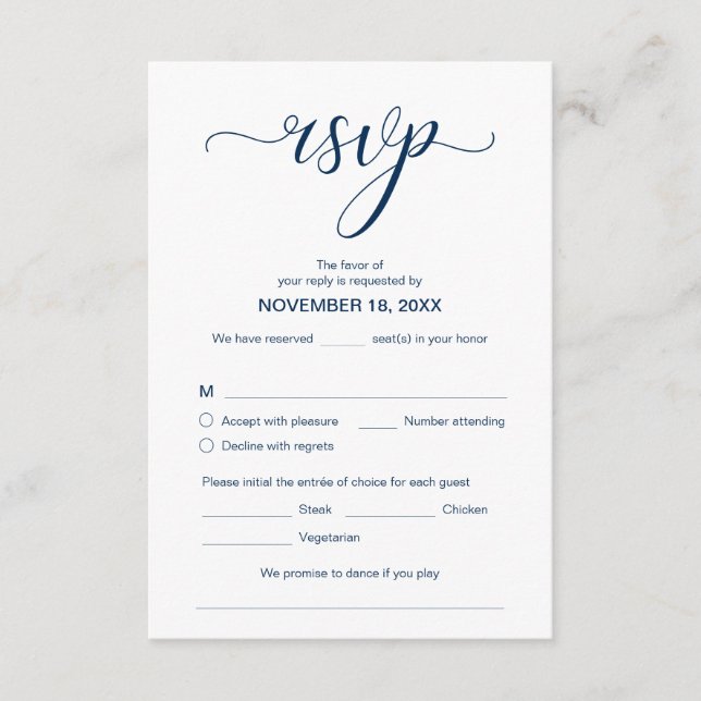 Modern Elegant RSVP,  Marinblå, Svara Tilläggskort (Framsida)
