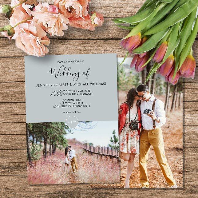 Modern elegant rustik monogram fototillbehör Bröll Inbjudningar (Modern elegant rustic monogram photo Wedding Invitation. You can add your own photo to personalize.)