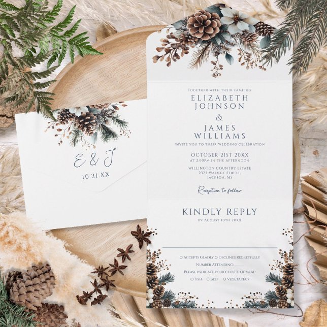 Modern Elegant Rustik Pinjekon Floral Bröllop (Modern Elegant Rustic Pinecone Floral Wedding All In One Invitation)
