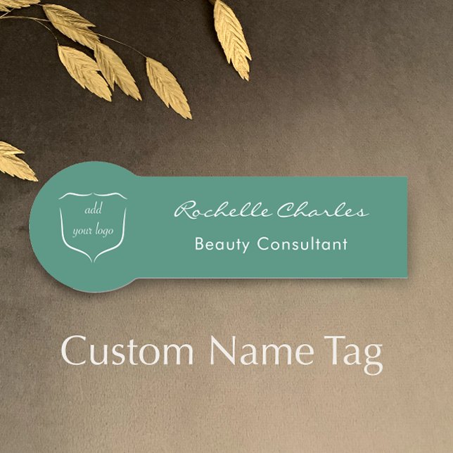 Modern Elegant Sage Green Add Logo Beauty Employee Namnbricka (Personalize this stylish eucalyptus sage green name tag with your name and logo.)