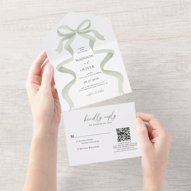 Modern Elegant Sage Green Bow Monogram Wedding (Tearaway)