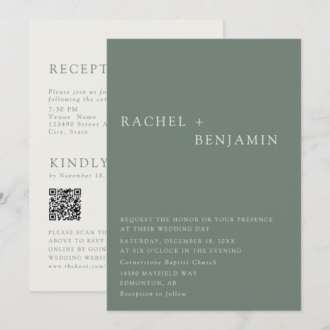 Modern Elegant Sage Green Wedding 2 Sided QR Code Inbjudningar (Fram/baksida)