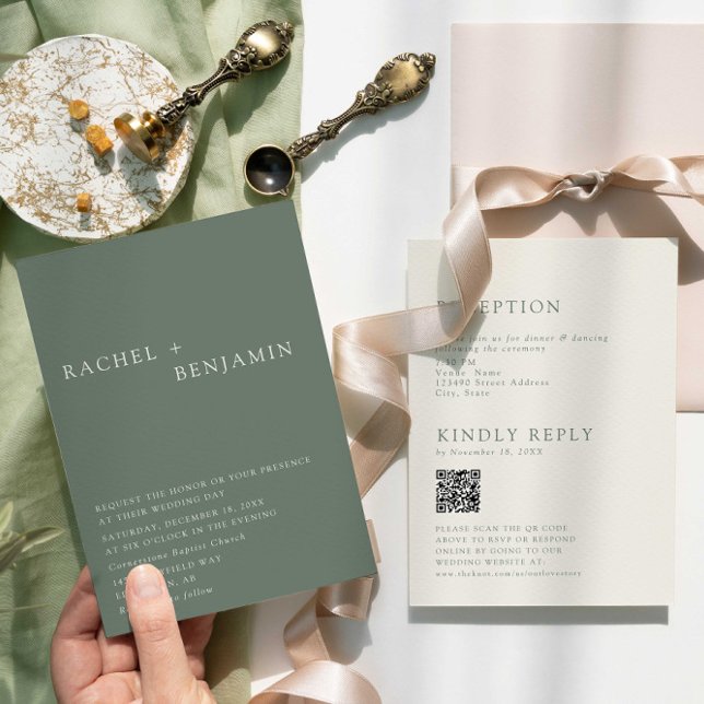 Modern Elegant Sage Green Wedding QR Code RSVP Inbjudningar (Skapare uppladdad)
