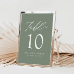 Modern Elegant Sage Grönt Bröllop Bordsnummer<br><div class="desc">Trendig, minimalistiskt kort för bröllop-bordsnummer med vit, modern text med "Bord" i det moderna kalligrafiskriptet. Utformningen har en sidbakgrund eller en valfri färg. Utformningen upprepas på baksidan. Så här beställer du bord-korten för grönt: lägg till ditt namn, datum för bröllop och bordsnummer. Lägg till varje nummer i din kundvagn individuellt...</div>