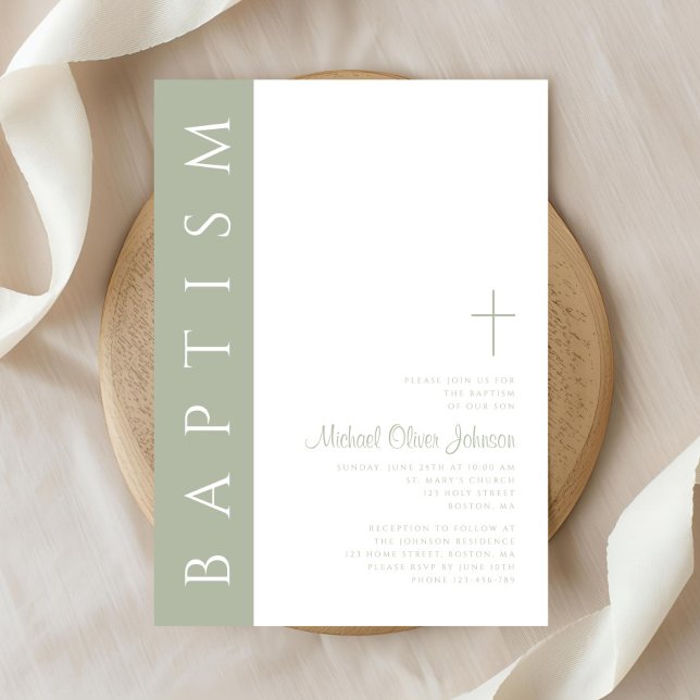 Modern Elegant Sage Grönt Kor Baptism Inbjudningar (Modern Elegant Sage Green Cross Baptism Invitation)