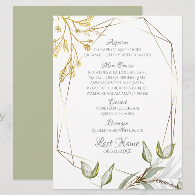 Modern Elegant Sage Grönt och Guld Foliage Meny (Fram/baksida)