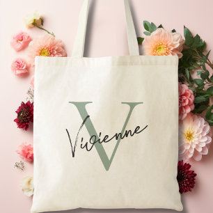 Modern Elegant Sage Grönt Personlig Monogram Tygkasse