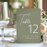 Modern Elegant Sage Grönt Script Bröllop Bordsnummer<br><div class="desc">Modern och elegant bordsnummer med sage-grönt med kalligrafi-skript och modernt typografiskt bordsnummer. Underbar för bröllop eller era nästa särskilda tillfällen.</div>