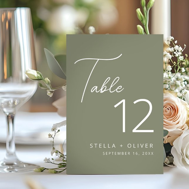 Modern Elegant Sage Grönt Script Bröllop Bordsnummer (Modern Elegant Sage Green Script Wedding Table Number)