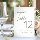 Modern Elegant Sage Grönt Script Bröllop Bordsnummer<br><div class="desc">Modern och elegant bordsnummer med sage-grönt med kalligrafi-skript och modernt typografiskt bordsnummer. Underbar för bröllop eller era nästa särskilda tillfällen.</div>