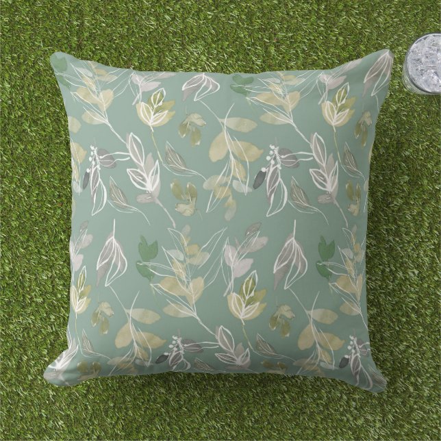 Modern Elegant Sage Grönt Silver Löv Foliage Kudde (Gräs)