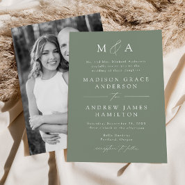 Modern Elegant Sagegrön Monogram Foto Bröllop Inbjudningar