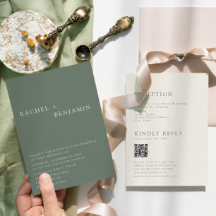 Modern Elegant Salvia Grön Bröllops QR-kod RSVP Inbjudningar