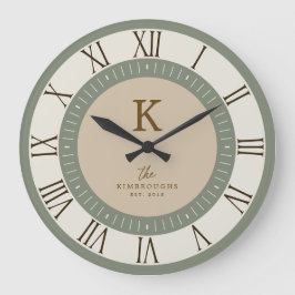 Modern Elegant Salvia Kräm Tan Monogram Familj Stor Klocka