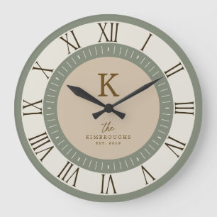Modern Elegant Salvia Kräm Tan Monogram Familj Stor Klocka