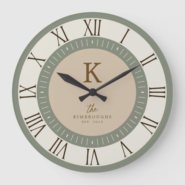 Modern Elegant Salvia Kräm Tan Monogram Familj Stor Klocka (Framsida)