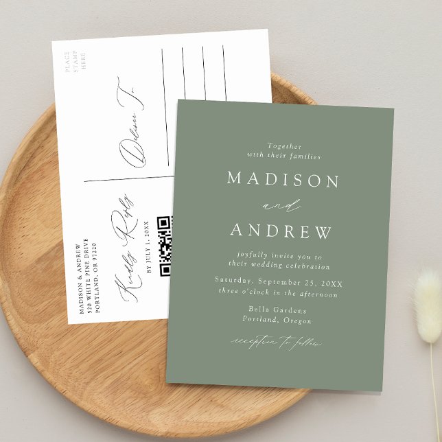 Modern Elegant Salviagrön QR-kod Bröllop Inbjudan Vykort (Skapare uppladdad)
