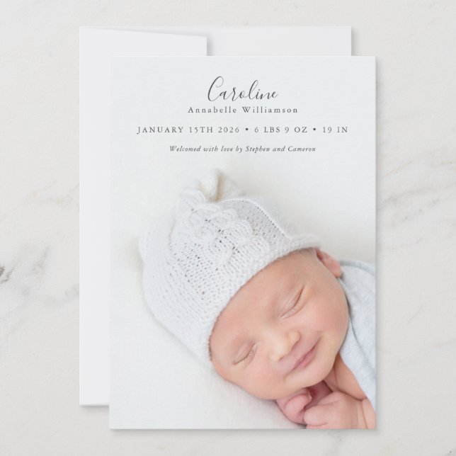 Modern Elegant Script 2 Photo Overlay Stats Birth Meddelande (Framsida)