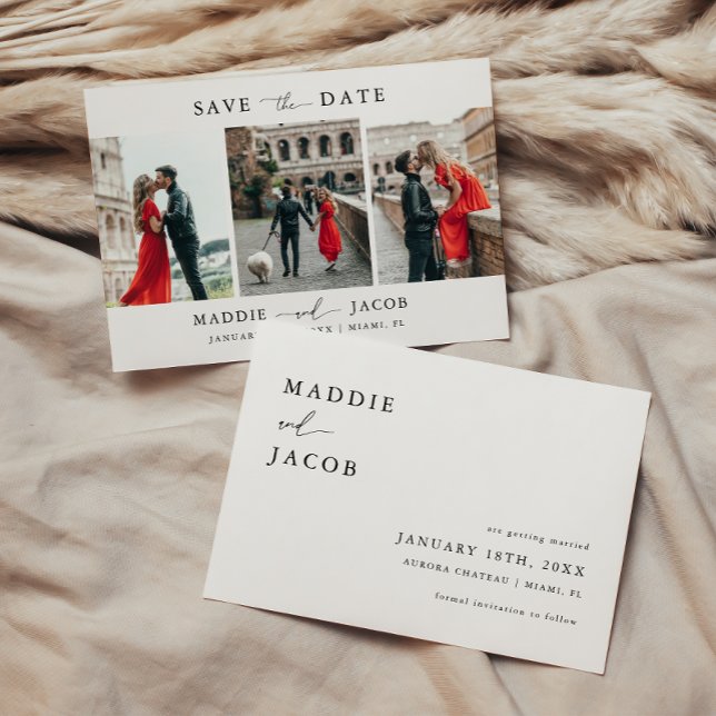 Modern Elegant Script 3 Photo Bröllop Spara Datumet (Skapare uppladdad)