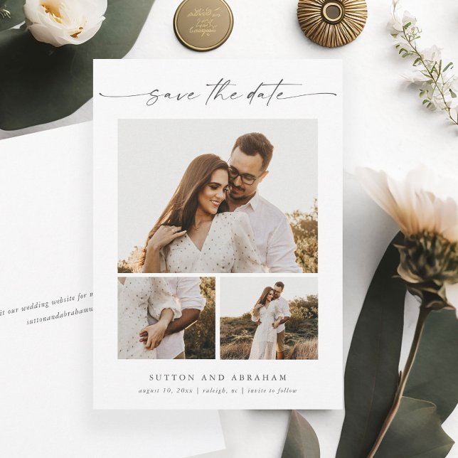 Modern Elegant Script 3 Photo Collage Spara Datumet (Am elegant minimalist 3 photo wedding save the date with modern handwritten script typography.)