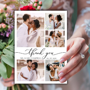 Modern Elegant Script 6 Photo Collage Bröllop Tack Kort