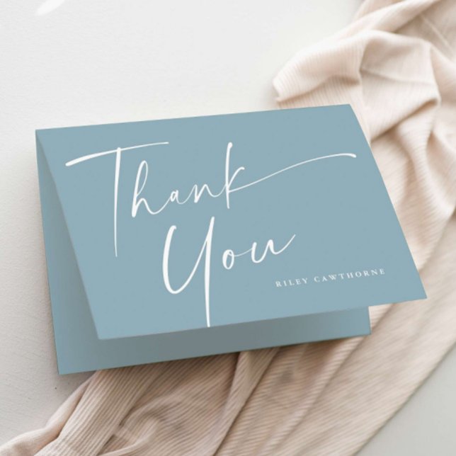 Modern Elegant Script Barnrumsfirande Tack Kort (Simple modern handwritten script boys baby shower thank you card.)