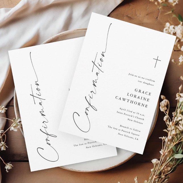 Modern Elegant Script-bekräftelse Inbjudningar (Modern handwritten gender neutral religious confirmation invitations.)