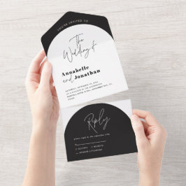 modern elegant script black and white arch wedding