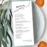 Modern Elegant Script Black and White Bröllop Meny<br><div class="desc">Det här menykortet för anpassadet är designat för att koordinera med vår uppsättning med romska skript i bröllop,  och innehåller en rotografitext i ett svepande skript som är parad med ett serieteckensnitt i klass i svart med ett anpassade monogram på baksidan. Matchande objekt är tillgängliga.</div>