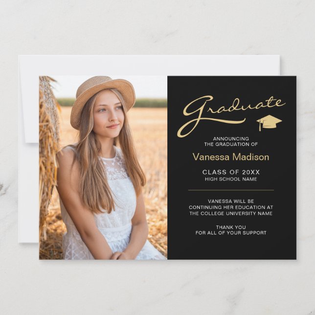 Modern Elegant Script Black & Guld | 2 Photo Grad Meddelande (Framsida)