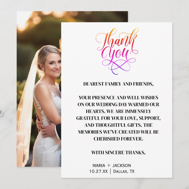 Modern Elegant Script Black White Bröllop Tack Kort (Fram/baksida)