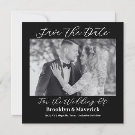 Modern Elegant Script Black White Wedding Photo Spara Datumet