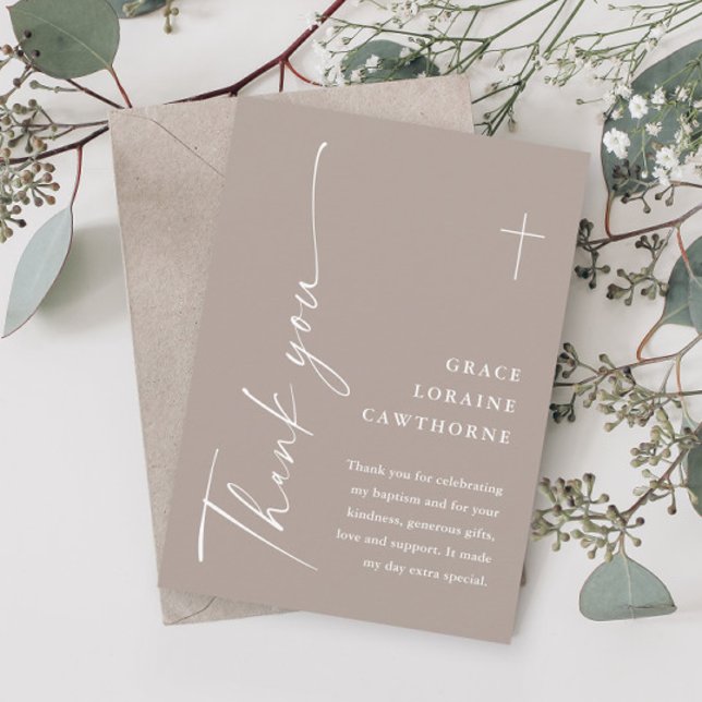 Modern Elegant Script Boho Dopnamn Tack Kort (Modern script tan baptism thank you cards.)
