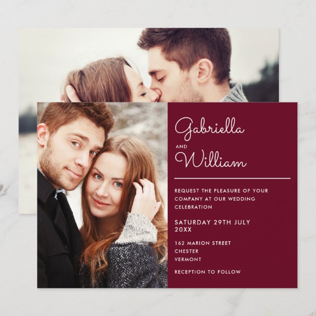 Modern Elegant Script Burgundy 2 Foto Bröllop Inbjudningar (Fram/baksida)