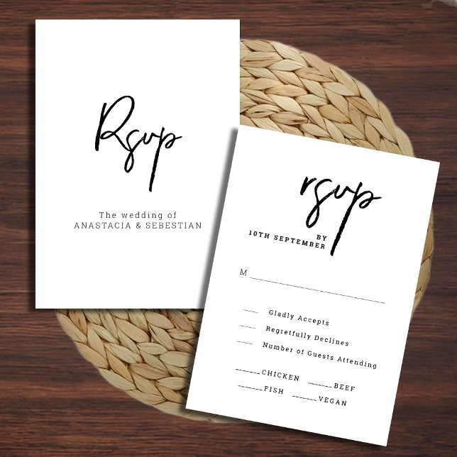 Modern Elegant Script Chic Black and White Bröllop OSA Kort (Modern Elegant Script Chic Black and White Wedding RSVP Card)