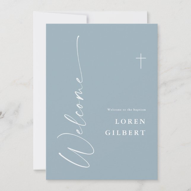 Modern Elegant Script Damblå Dop Välkommen Inbjudningar (Framsida)