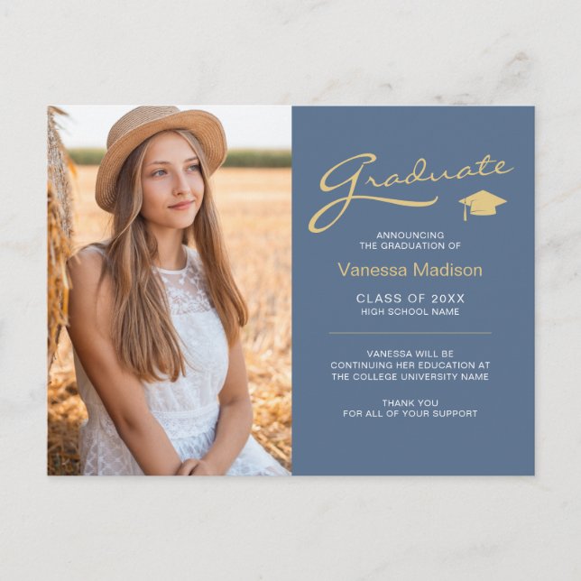 Modern Elegant Script Dammtor Blue Guld 2 Foto Exa Vykort (Framsida)