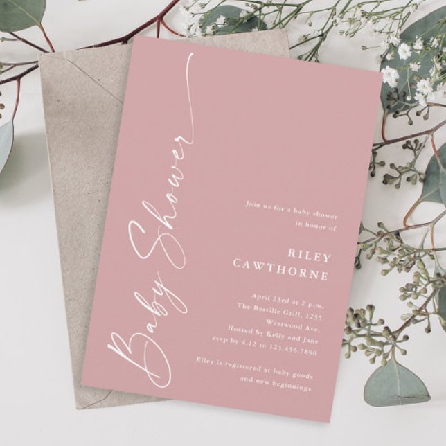 Modern Elegant Script Damrosa Flickor Baby Shower Inbjudningar (Simple script dusty pink boho girls baby shower invitation.)
