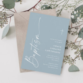 Modern Elegant Script Dusty Blue Boys Baptism Inbjudningar