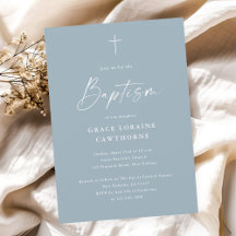Modern Elegant Script Dusty Blue Boys Baptism