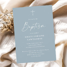 Modern Elegant Script Dusty Blue Boys Baptism Inbjudningar