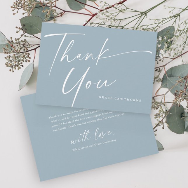 Modern Elegant Script Dusty Blue Boys Baptism Tack Kort (Elegant script dusty blue boys baptism thank you card.)