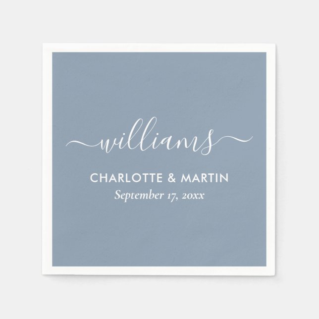 Modern Elegant Script Dusty Blue Bröllop Napkins Pappersservett (Framsidan)