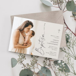 Modern Elegant Script Elfenbensvit Foto Dop Inbjudningar