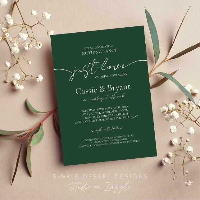 Modern Elegant Script Emerald Grönt Bröllop Inbjudningar (Modern Green Wedding Invitation for Minimal Nothing Fancy Just Love Wedding Theme)