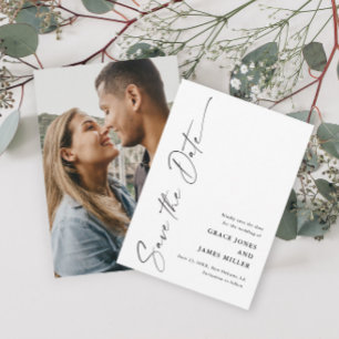 Modern Elegant Script Foto Bröllop Spara Datumet