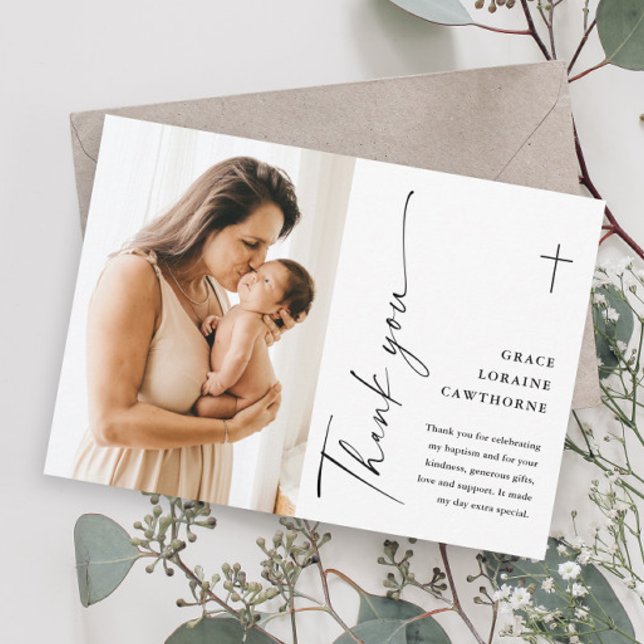 Modern Elegant Script Foto Dopning Tack Kort (Modern script photo baptism thank you cards.)