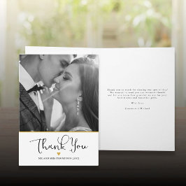 Modern Elegant Script Guld Heart Bröllop Photo Tack Kort