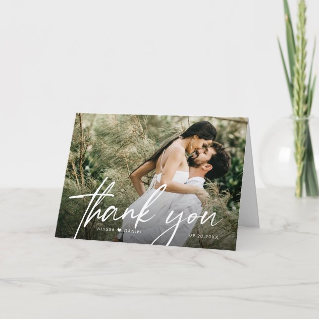 Modern Elegant Script Heart Simple Bröllop Photo Tack Kort (Framsida)